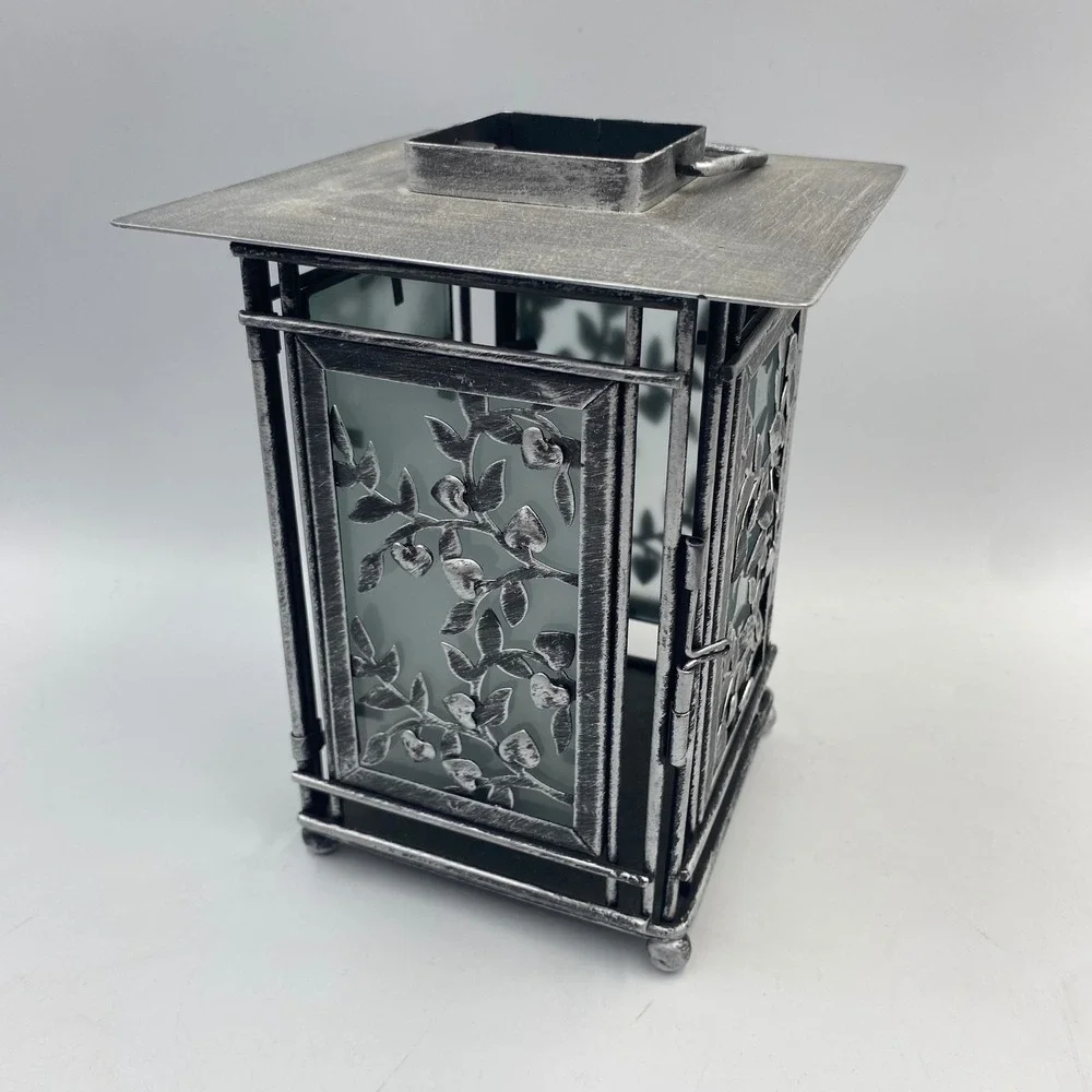 Distressed Silver Metal Leaf Vine Lantern Frosted Glass Candle Holder 7.5 Inch